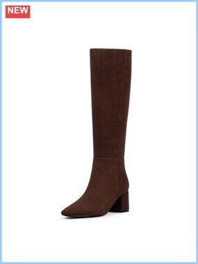 Women's Knee High Faux Suede Boots Square Toe Chunky Heel Tall Boots